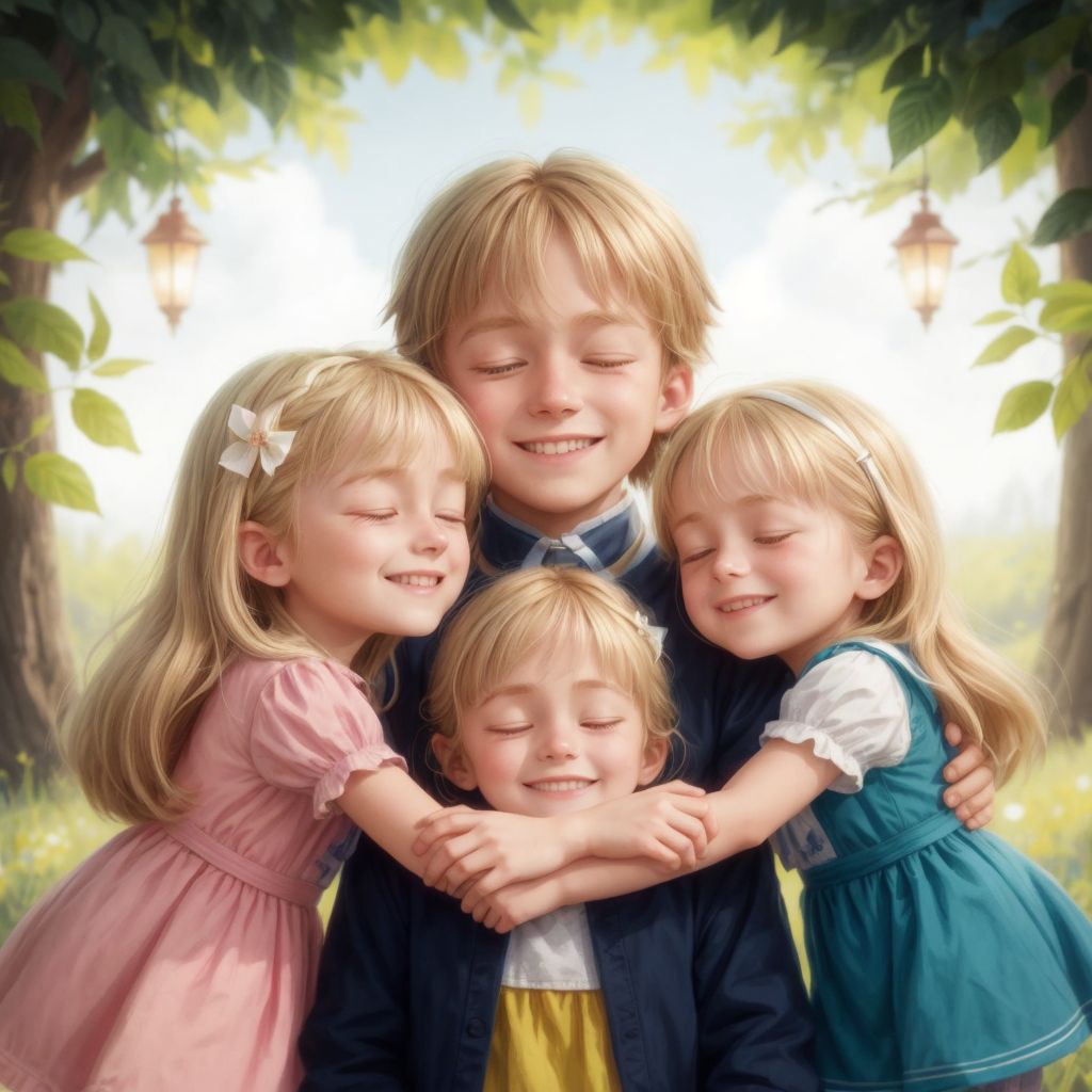 The siblings huddled together, with Amore in the center, eyes closed and smiling, sensing the magic around them.