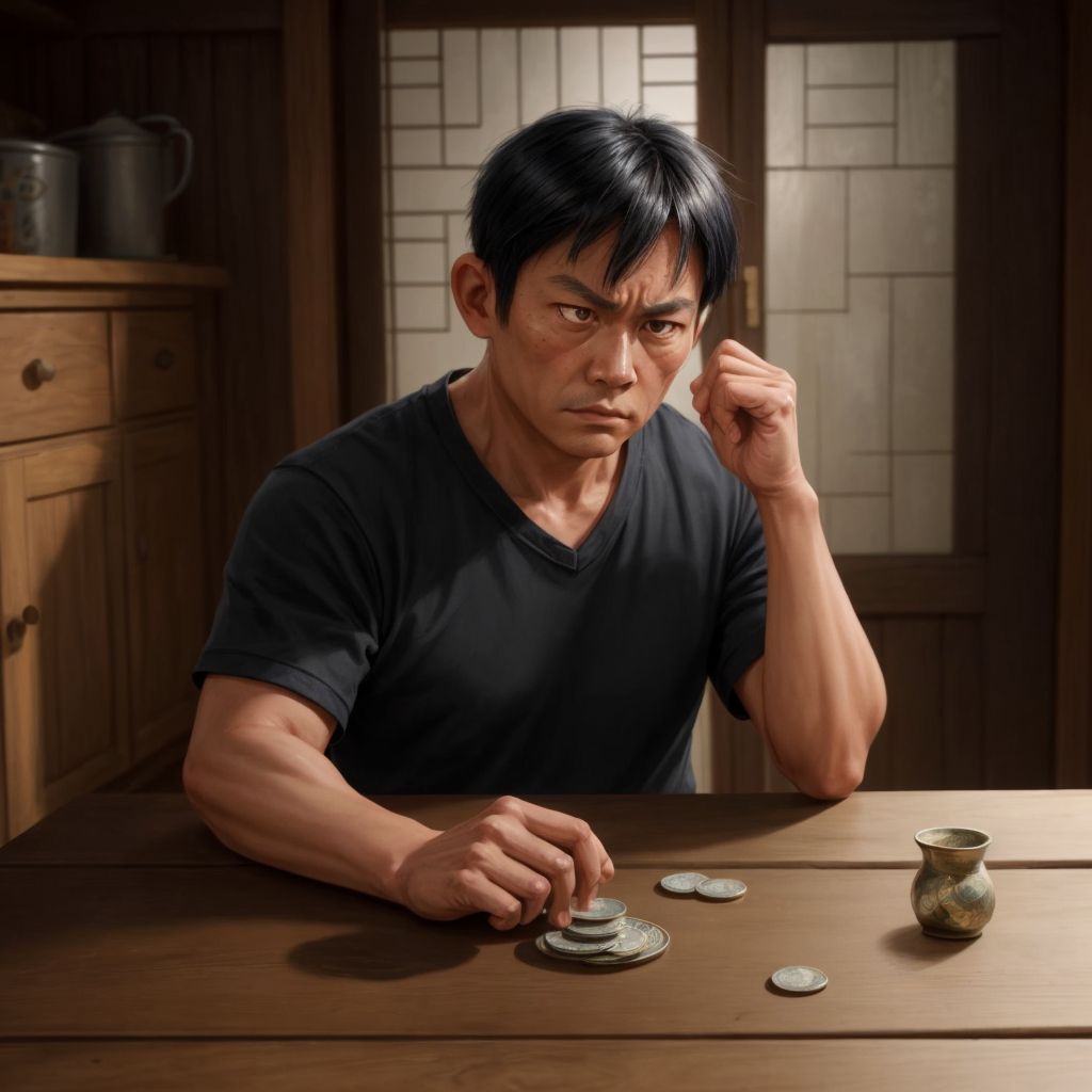 Tatay, with a furrowed brow and a worried look, counting coins on a rustic wooden table inside a simple Filipino home.