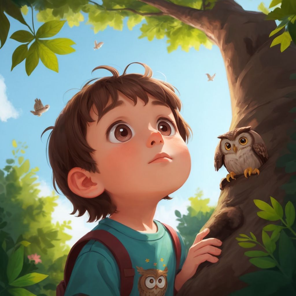 Charlie looking up at a wise old owl in a tree, with a hopeful expression