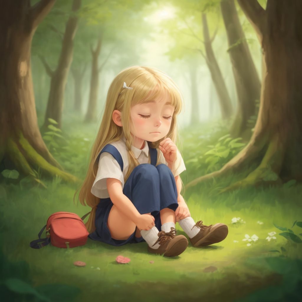 Gracie sitting on a forest floor, eyes closed and tears on her cheeks