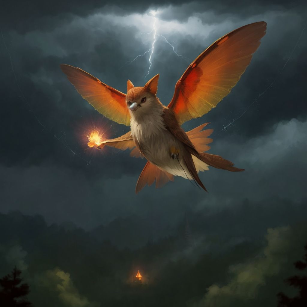 Sparky flying determinedly above the forest under a stormy sky, his light a beacon amidst the chaos.