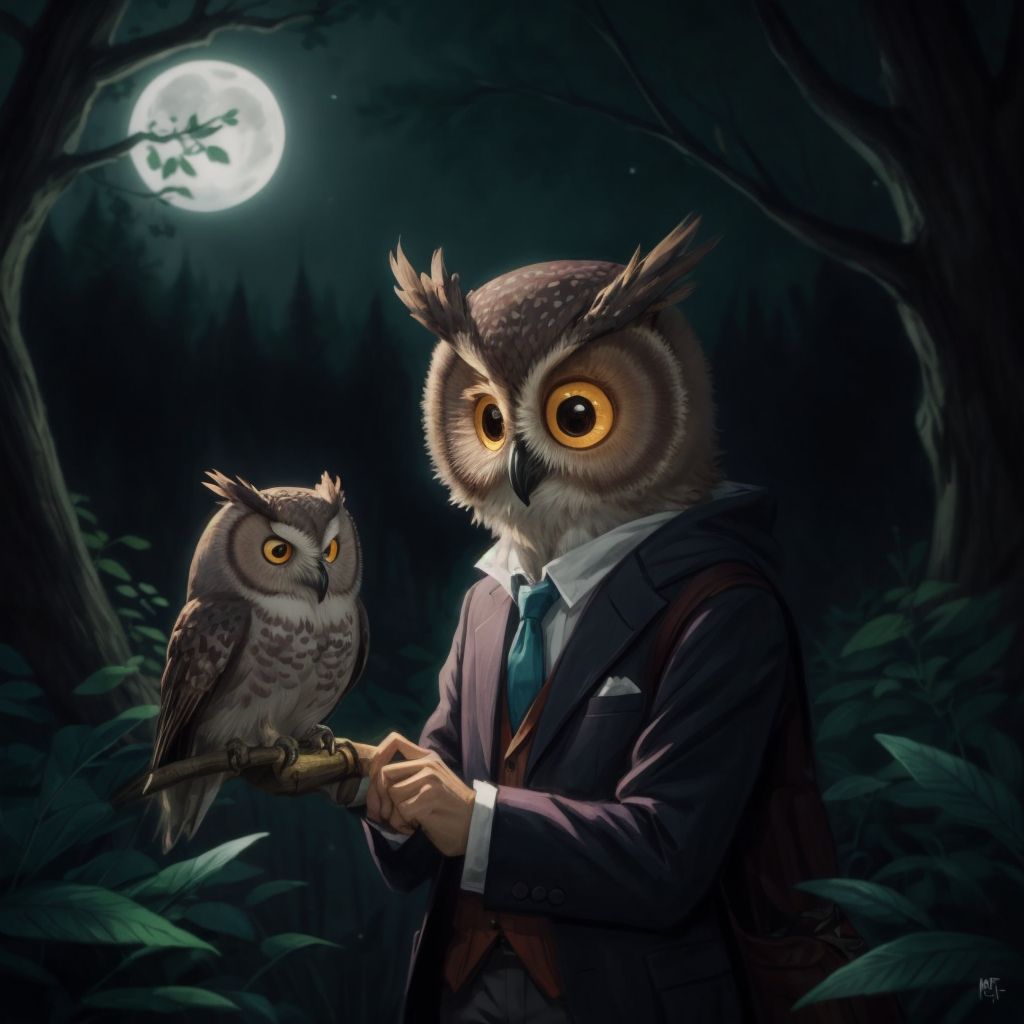 Mr. Owl speaking to Quincy, who listens intently with a curious expression, in the moonlit woods.