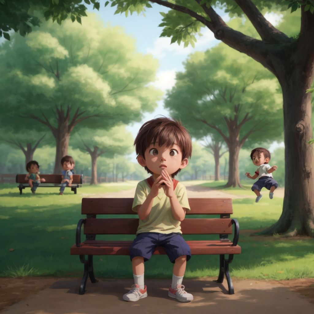 Danny in the park with a look of surprise as he touches his mouth, trees and a bench in the background