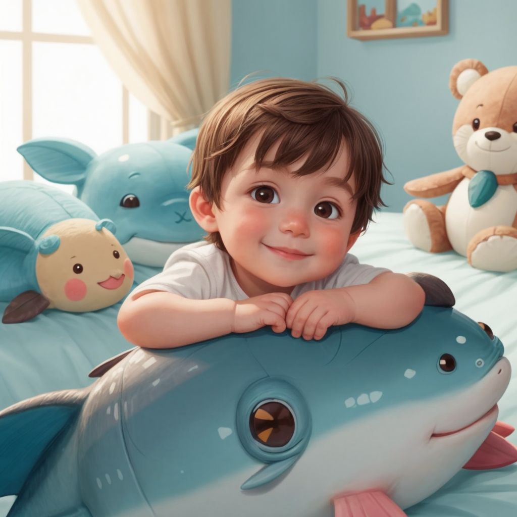 John Jr. in bed with a content smile, surrounded by stuffed sea animals, imagining swimming with dolphins.