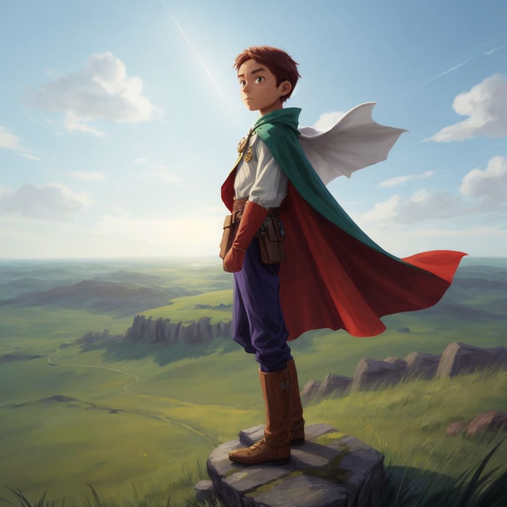 Quincy standing on a hilltop, looking out at the horizon, with a cape fluttering behind him.