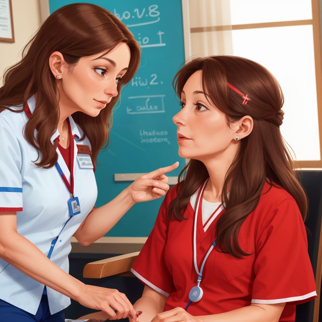 Jenny explaining to the nurse, with an educational gesture. The nurse is nodding.
