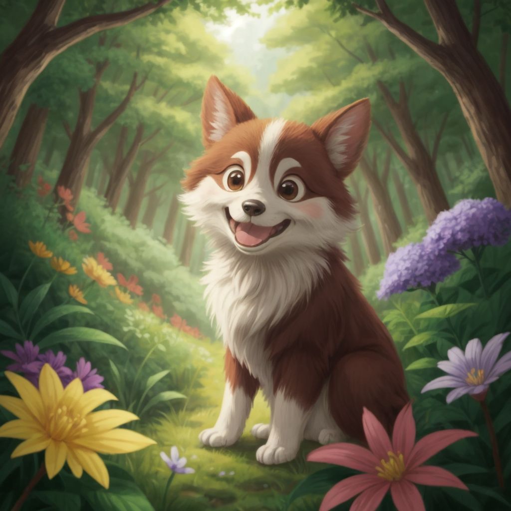 Quincy, now smiling, greeting other animals in the forest, with a backdrop of trees and flowers.