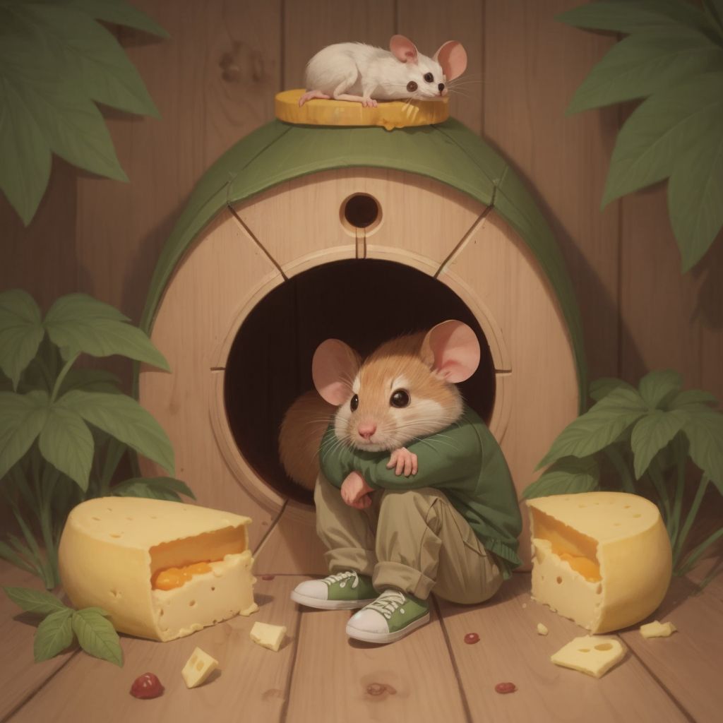 A shy Quincy in khaki pants and green shoes, peeking from behind a cheese wheel in a cozy mouse house.