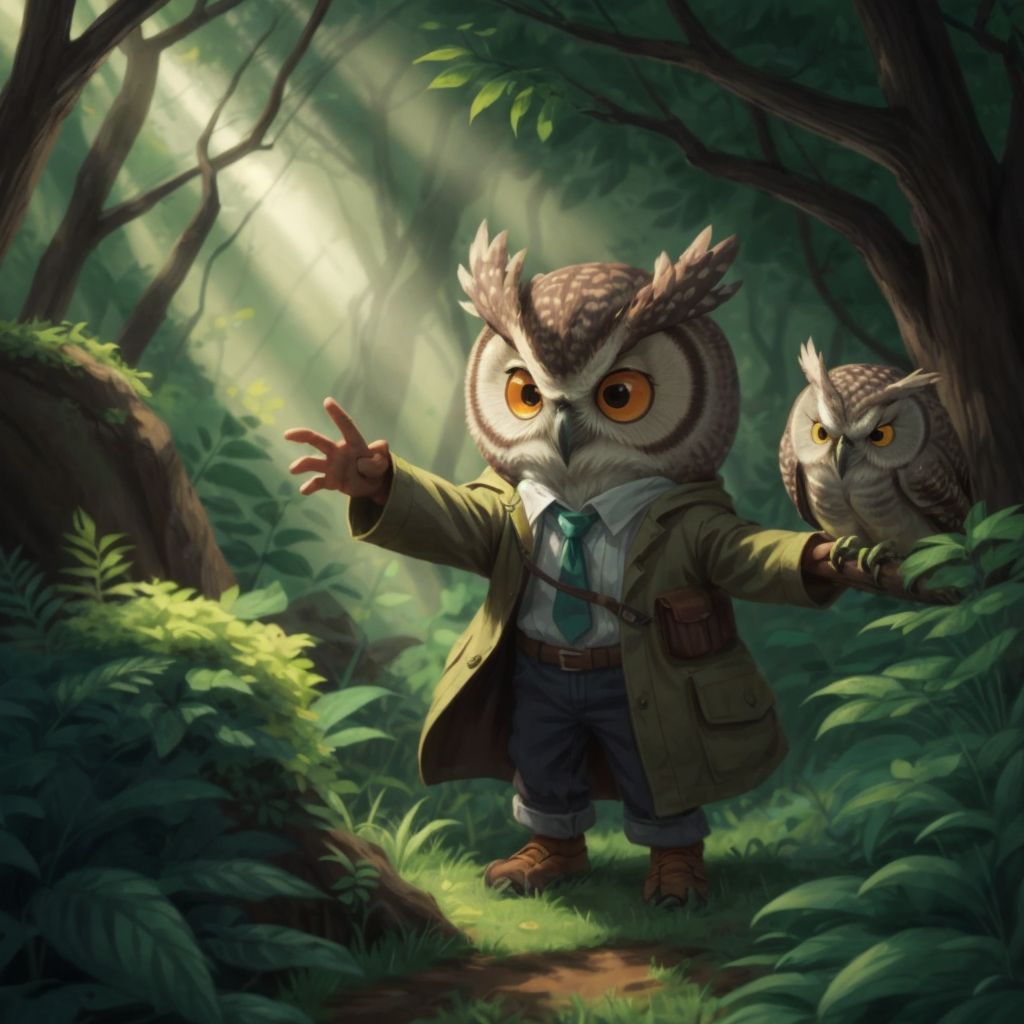 Quincy startled by a rustling bush in the forest, with an owl's shadow casting over.