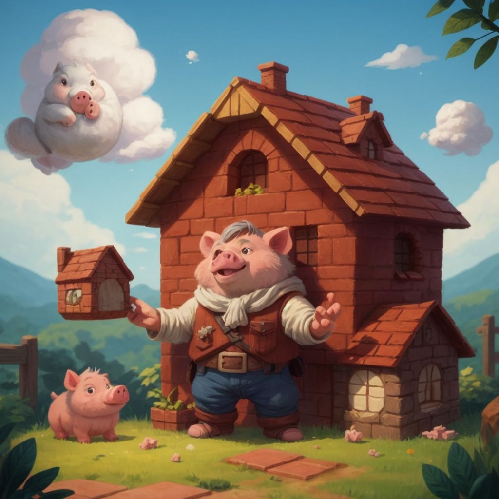 The third little pig, with a look of satisfaction, placing the final brick on his sturdy house, while the lobo outside huffs and puffs in vain.