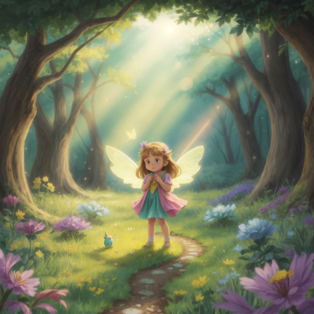 The Enchanted Meadow bathed in sunlight with Felicity dancing joyfully with friends in a bright and colorful dress, leaving a trail of glistening footprints.