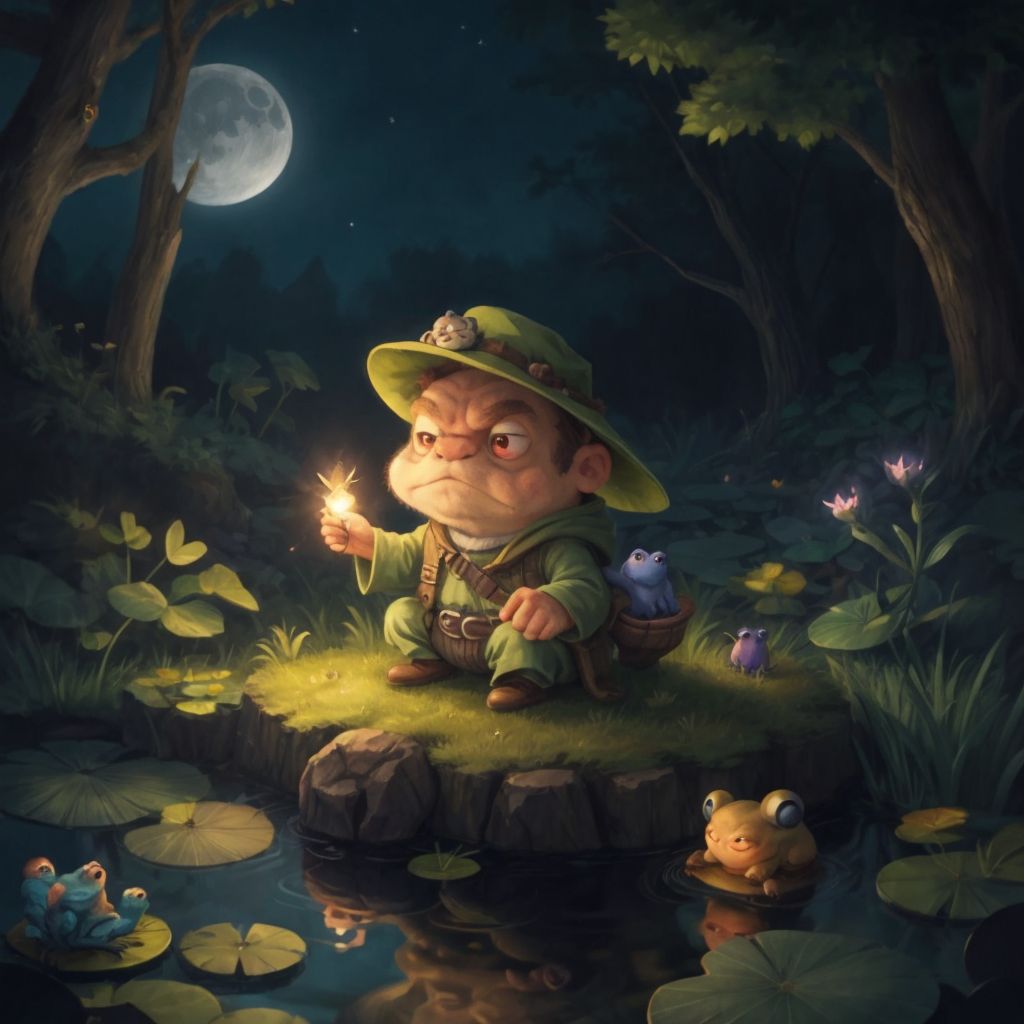 A grumpy old toad watching as Sparky gently touches the surface of an enchanted, moonlit pond.