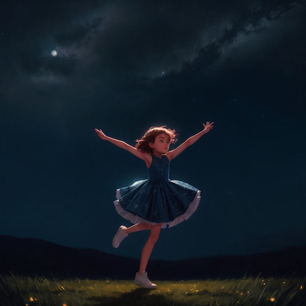 Quincy dancing in the moonlight, with a backdrop of a starry night sky, feeling free and bold.