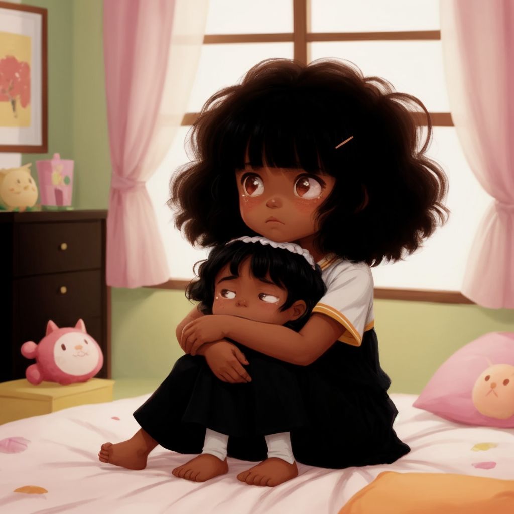 Joyce sitting on her bed, looking sad with a few tears on her cheeks, while her mom hugs her in a comforting embrace.