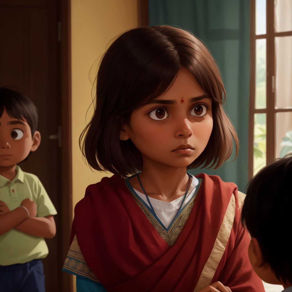Zhamal standing protectively in front of the children, facing an unseen threat, with a brave and determined look