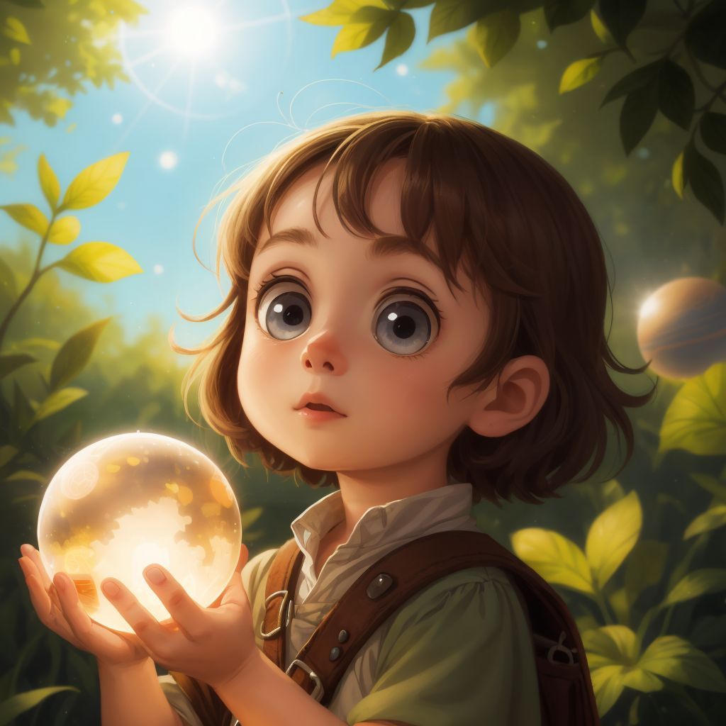 Ollie, with wide eyes and a look of wonder, holding a small glowing orb, with Toto by her side looking up at the orb