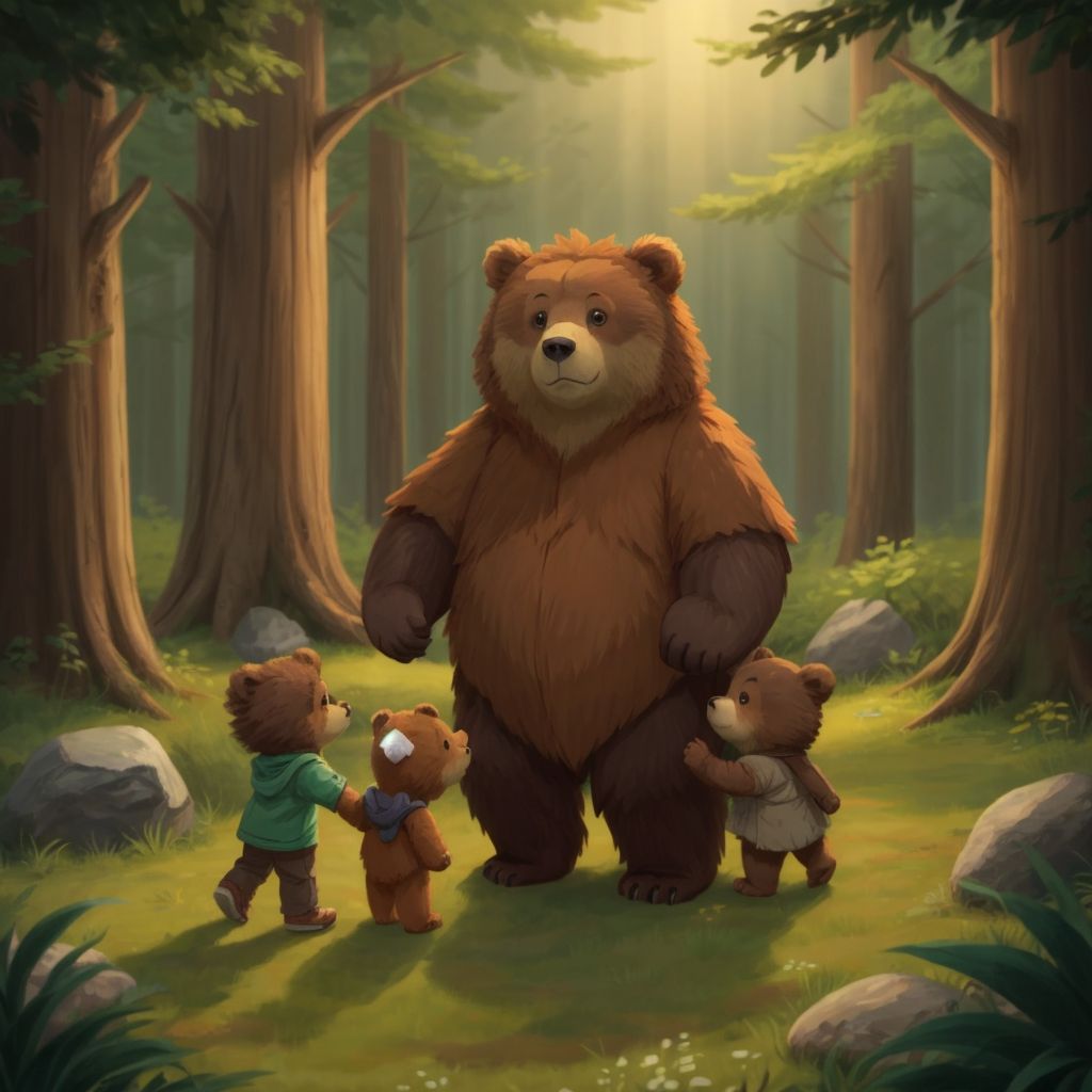 Baby Bear introducing Pookie and the little boy to his bear family.