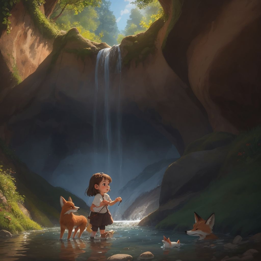 Lily and the fox playing in the water at the base of a stunning waterfall