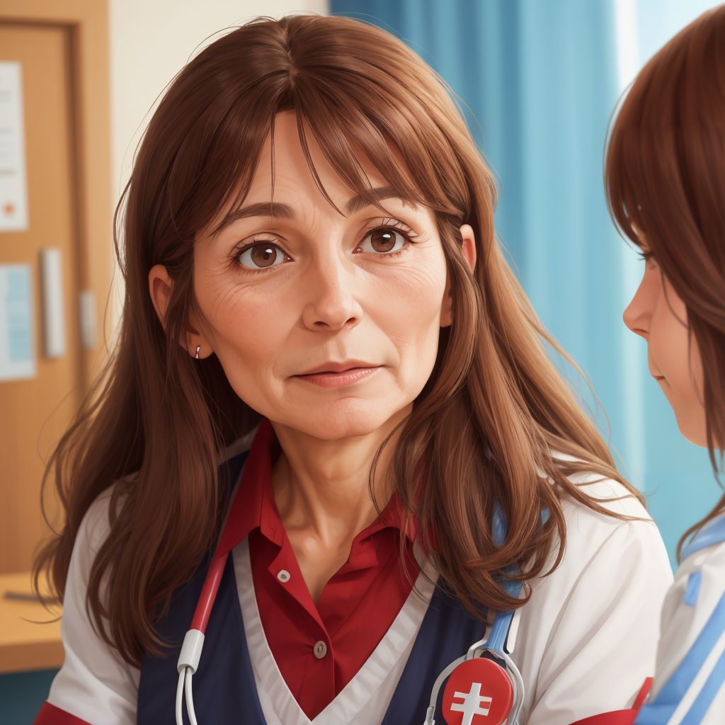Jenny speaking confidently to the nurse, with a determined expression.