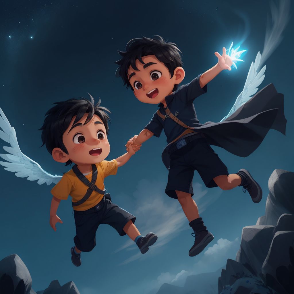 Daniel and Zephyr flying together, with Daniel holding glowing stones, feeling proud and joyful