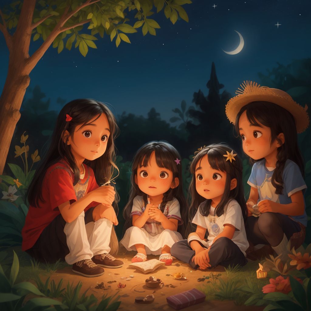 Jaleyni and her new friends sitting under the stars in the garden, sharing stories and dreams.