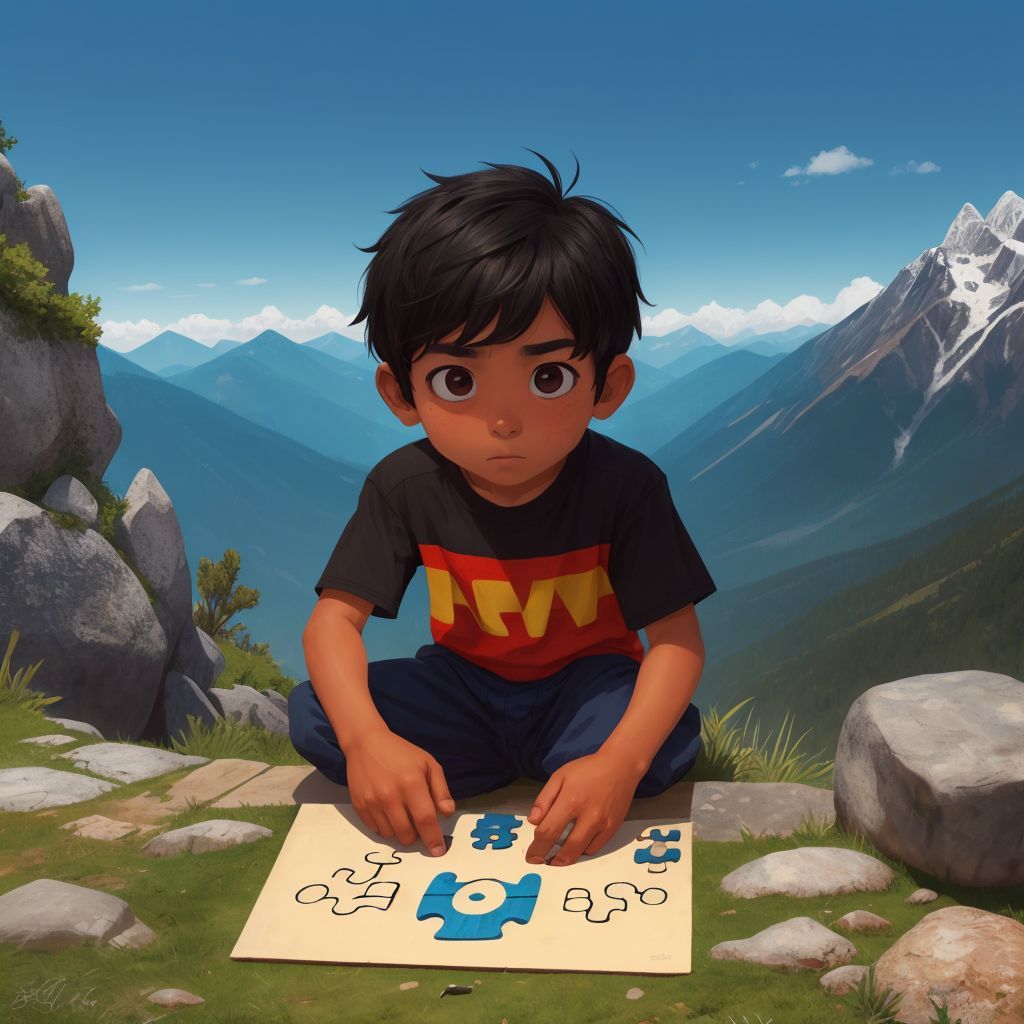 Daniel solving a puzzle at the top of the mountain, with a look of concentration and accomplishment