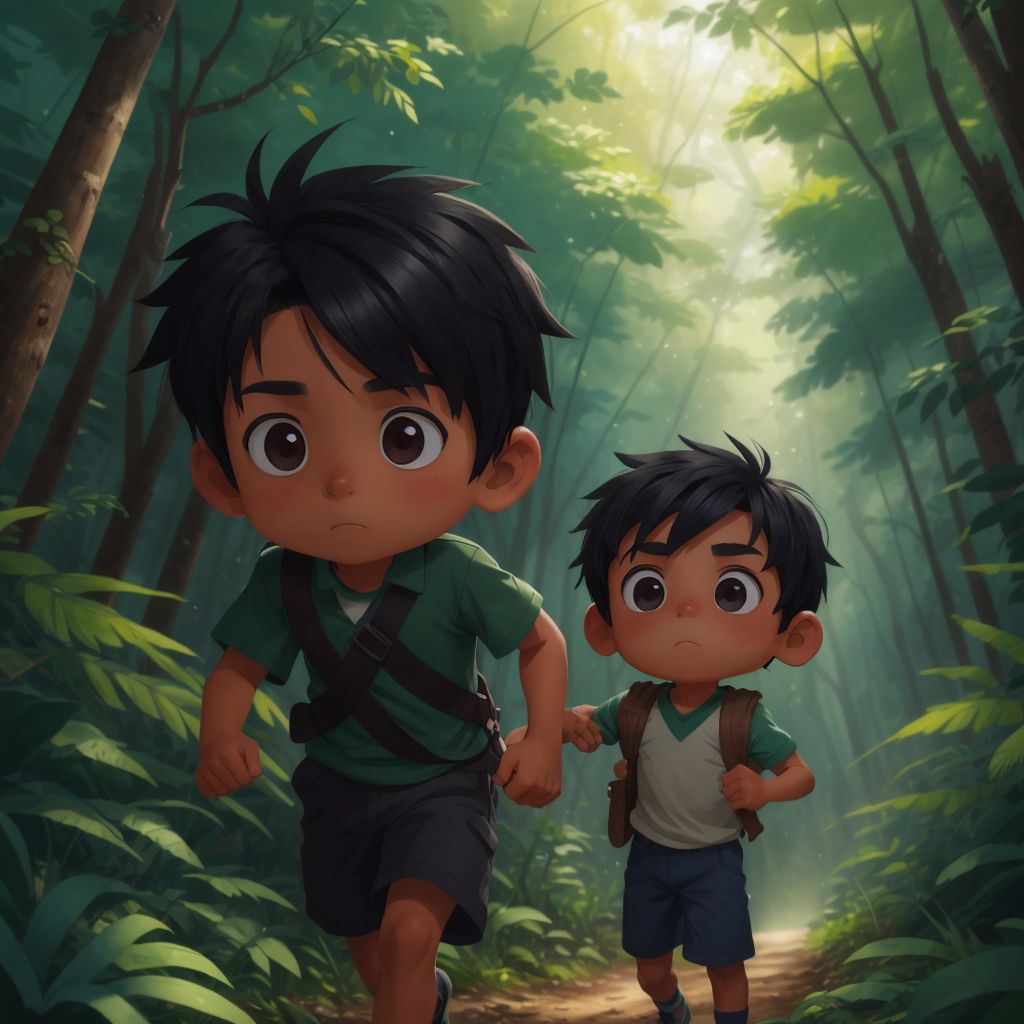 Daniel and Zephyr navigating through a dense forest, with Daniel looking focused and resourceful