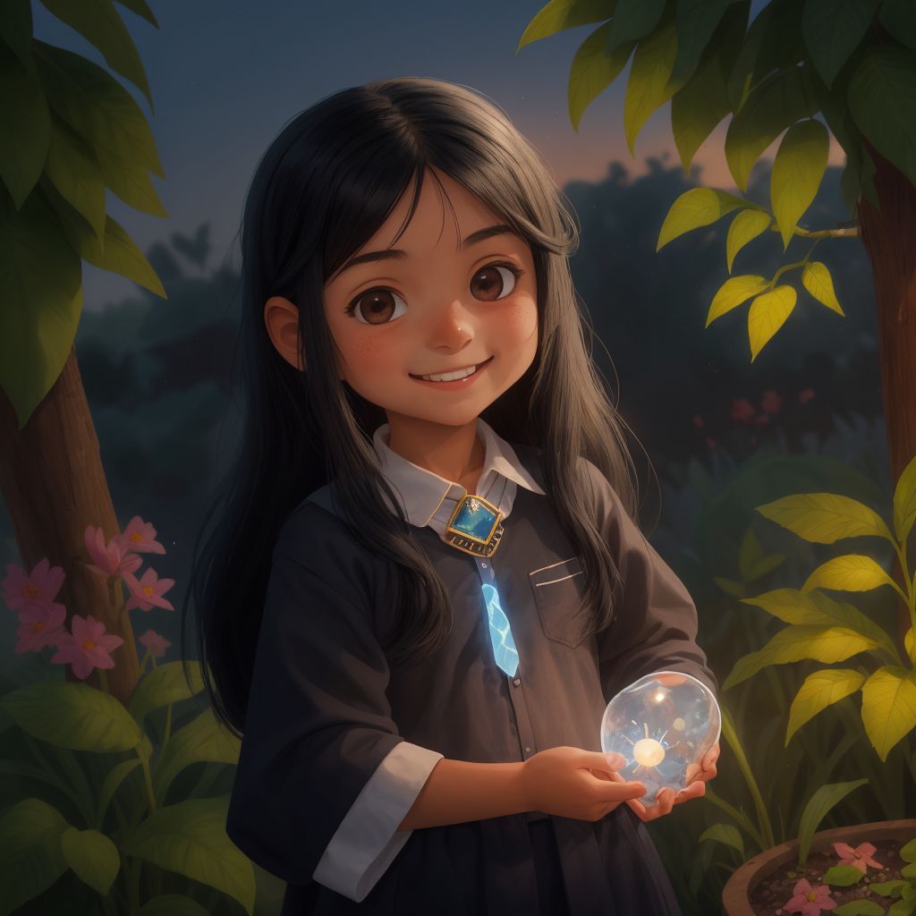 Jaleyni at school, with a glowing stone in her pocket, exchanging knowing smiles with friends from the garden.