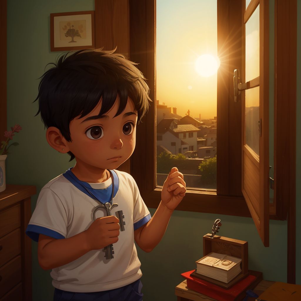 Yael looking at the key in his hand as the sun sets through a window, reflecting on its symbolic meaning.