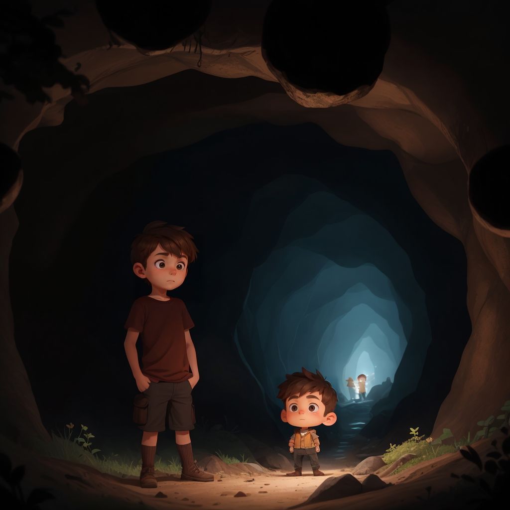 Anthony and Ember exploring the eerie Shadow Cave, with Anthony showing a brave expression