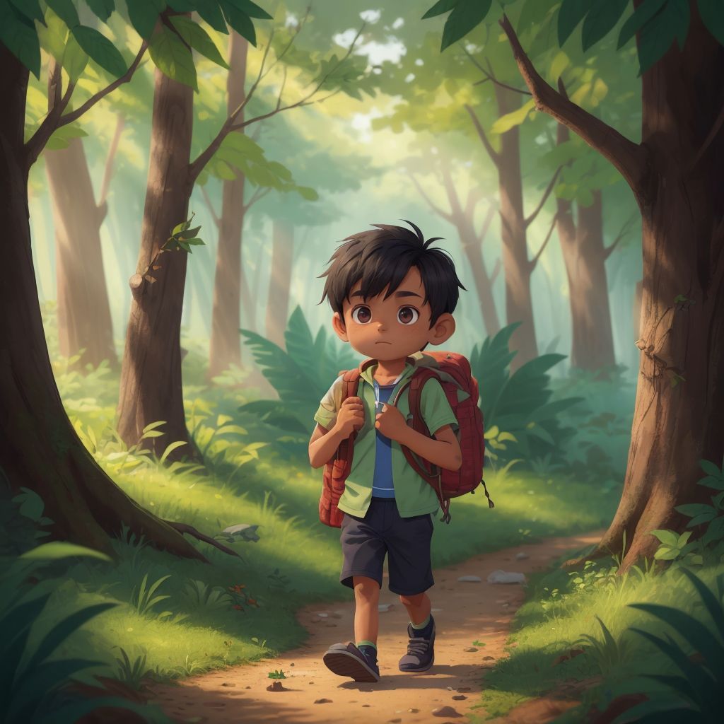 Jesse walking out of the forest with the Heart of the Forest in his backpack, surrounded by celebratory nature