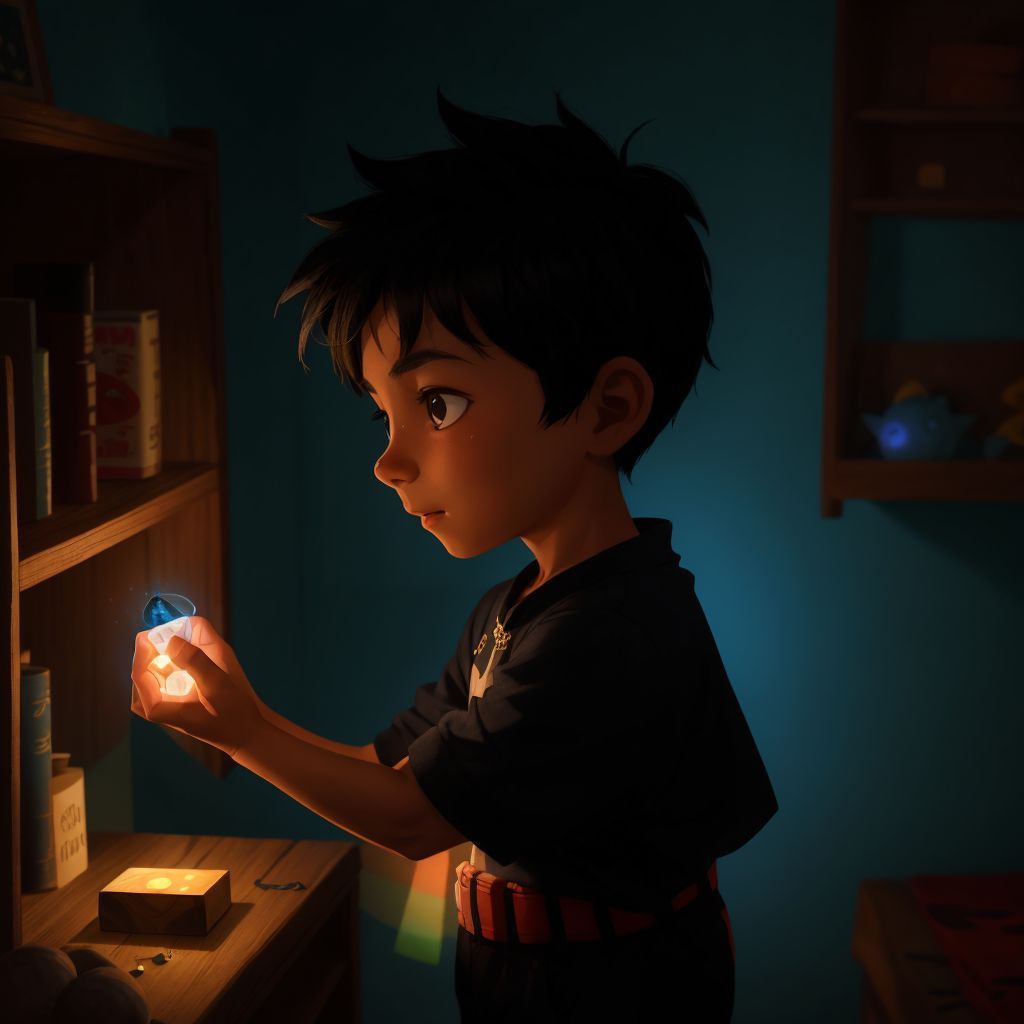 Daniel in his room, placing glowing stones on a shelf, feeling excited and thoughtful about the future